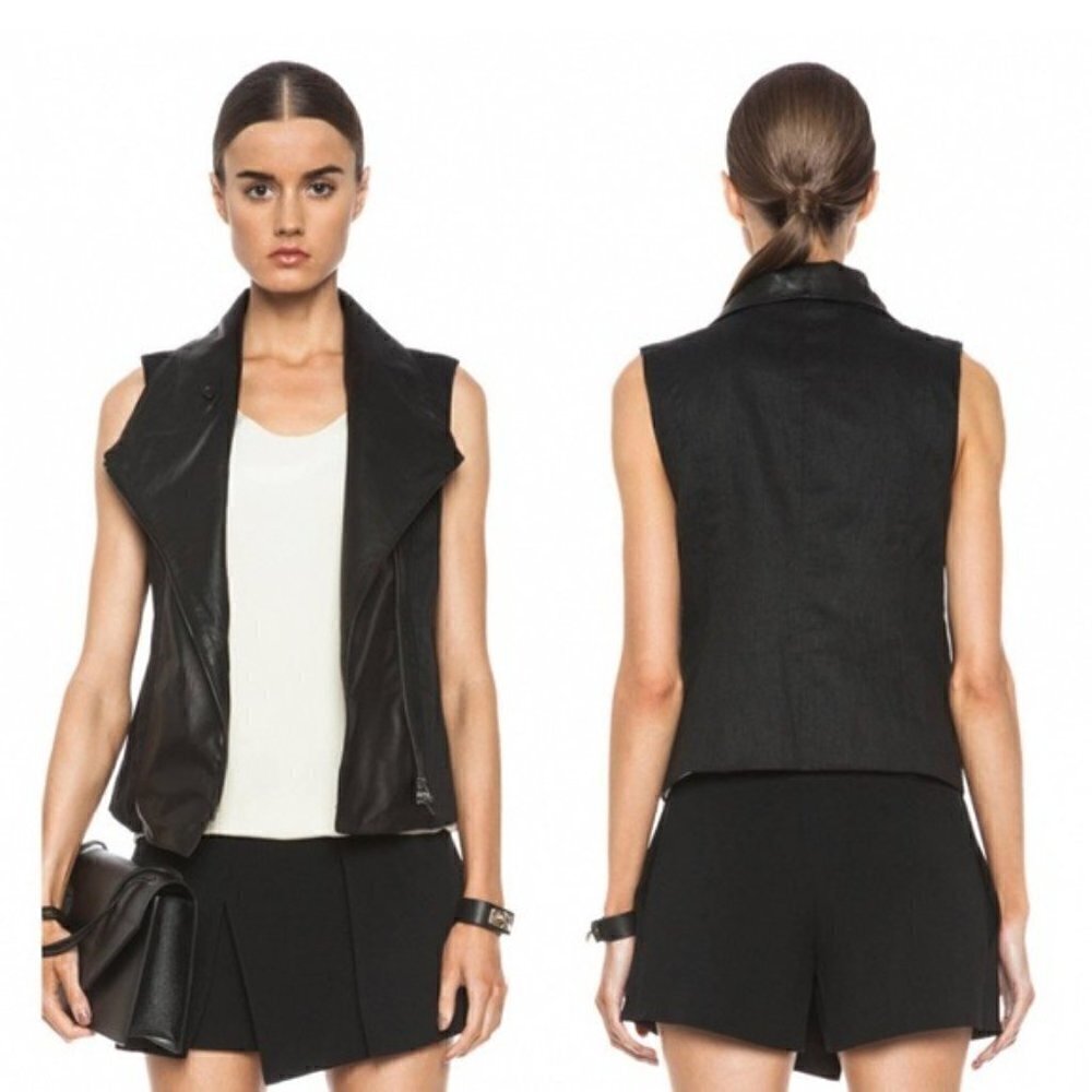 Vince Leather Linen Asymmetric Moto Biker Vest Black Womens Size XS